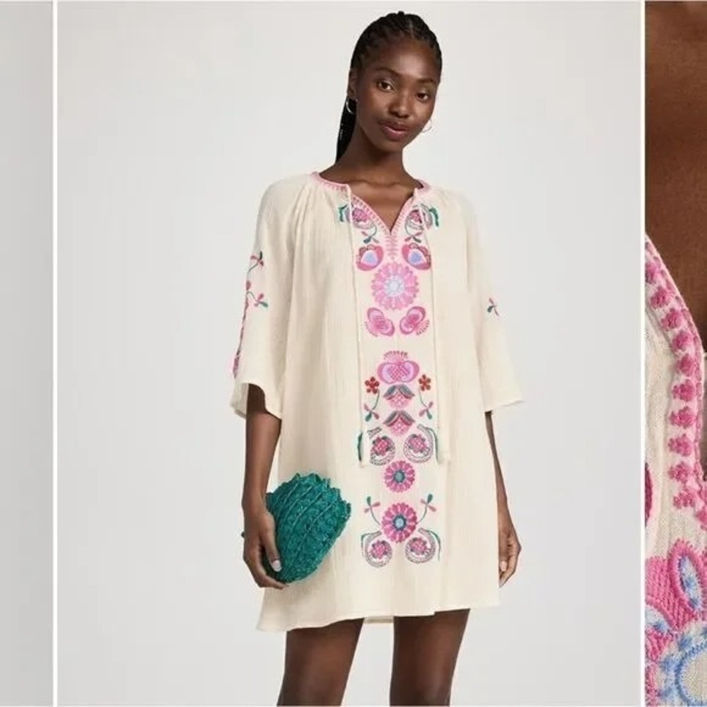 ANTIK BATIK Magoo Embroidered Boho‎ Tunic Dress Parisian Chic *see msrmts B3